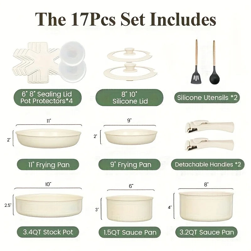 Ceramic Nonstick 17-Piece Cookware Set With Removable Handles Induction Ready