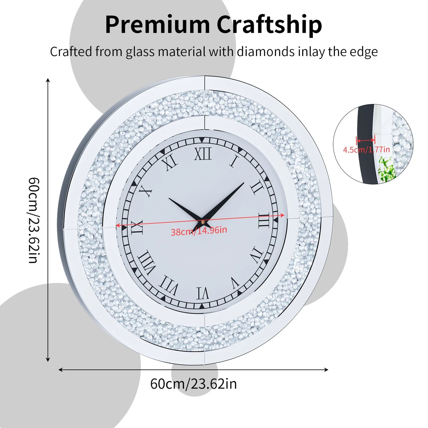 Round Mirror Clock With Crystal Sparkle For Wall Decor