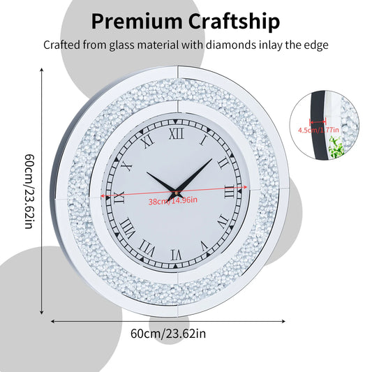 Round Mirror Clock With Crystal Sparkle For Wall Decor