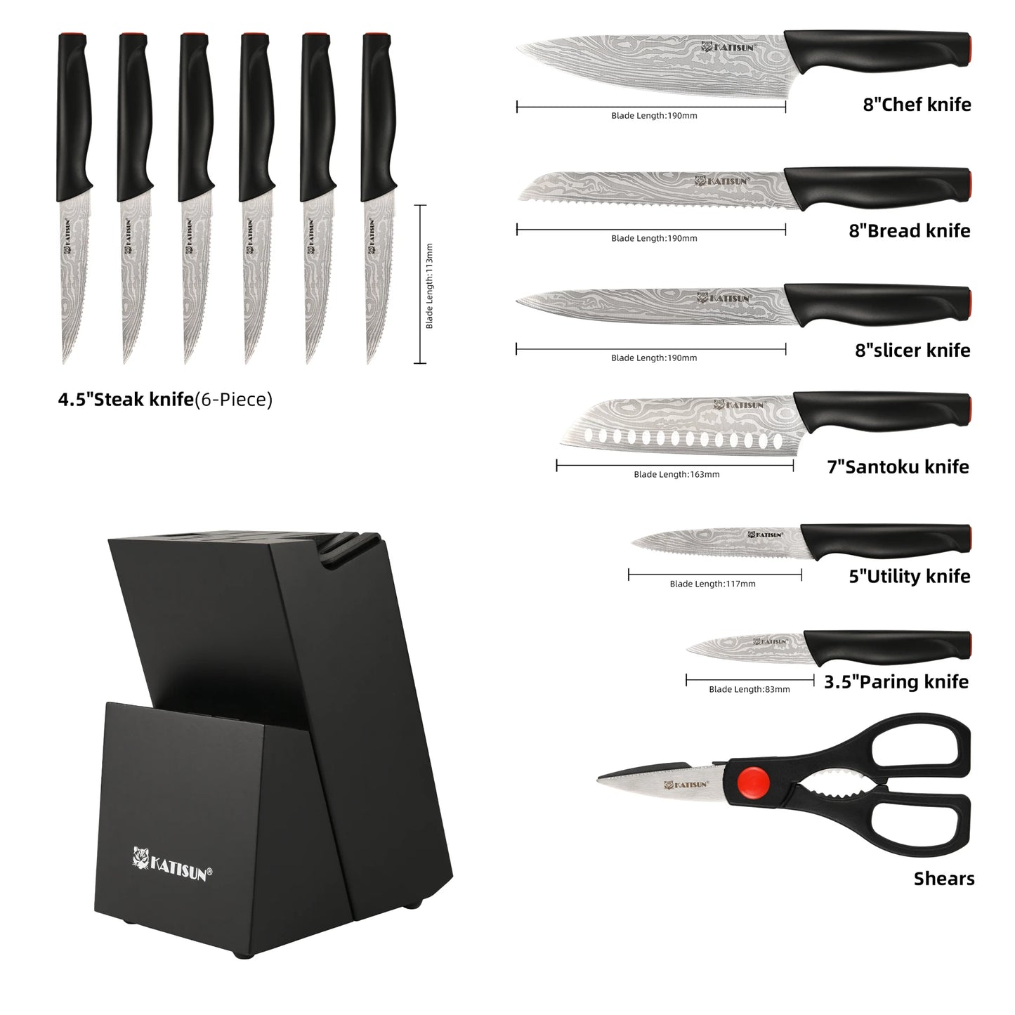 Katisun Damascus Pattern 15-Piece Knife Block Set With Sharpener