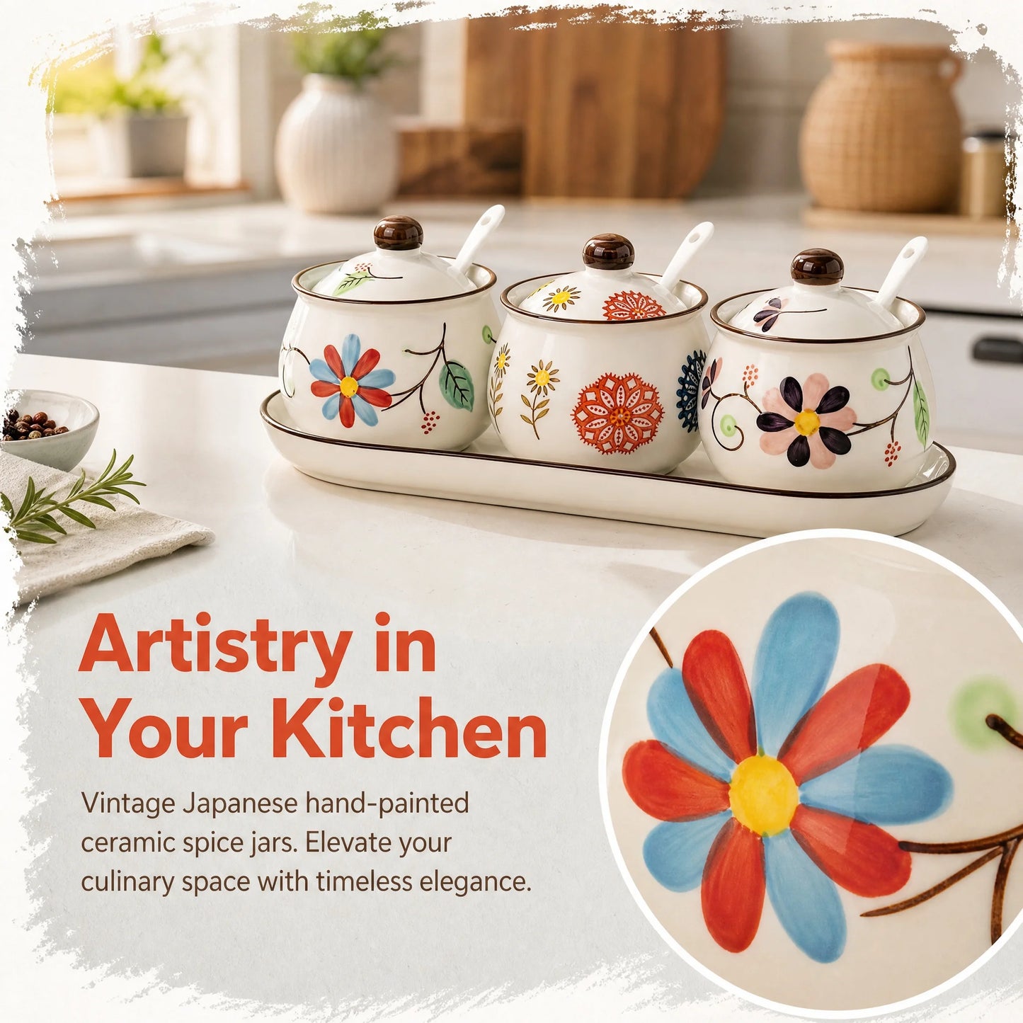 Ceramic Spice Jar Set With Tray Hand Painted Japanese Design