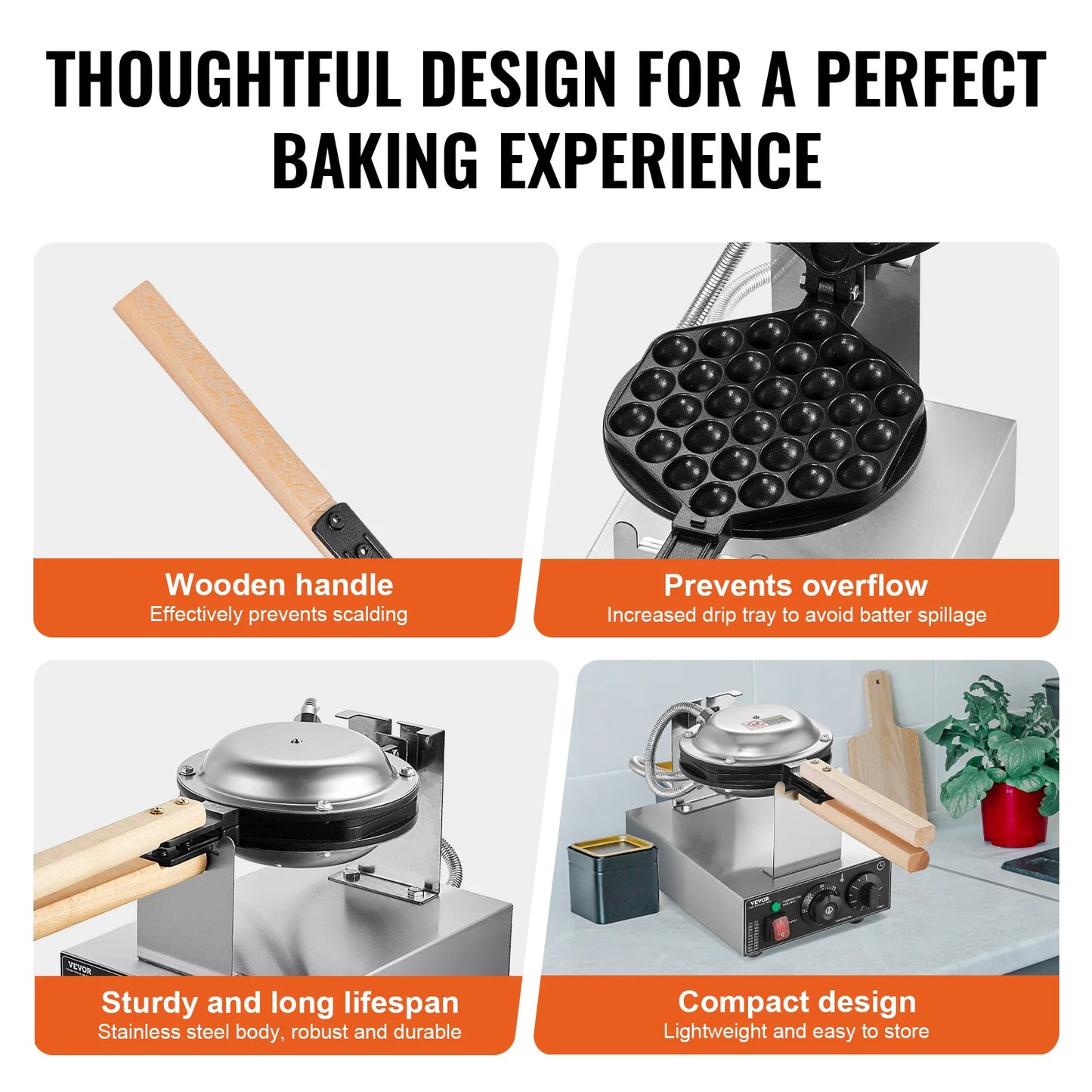 SucceBuy Stainless Steel Bubble Waffle Maker 1400W With Rotating Pans