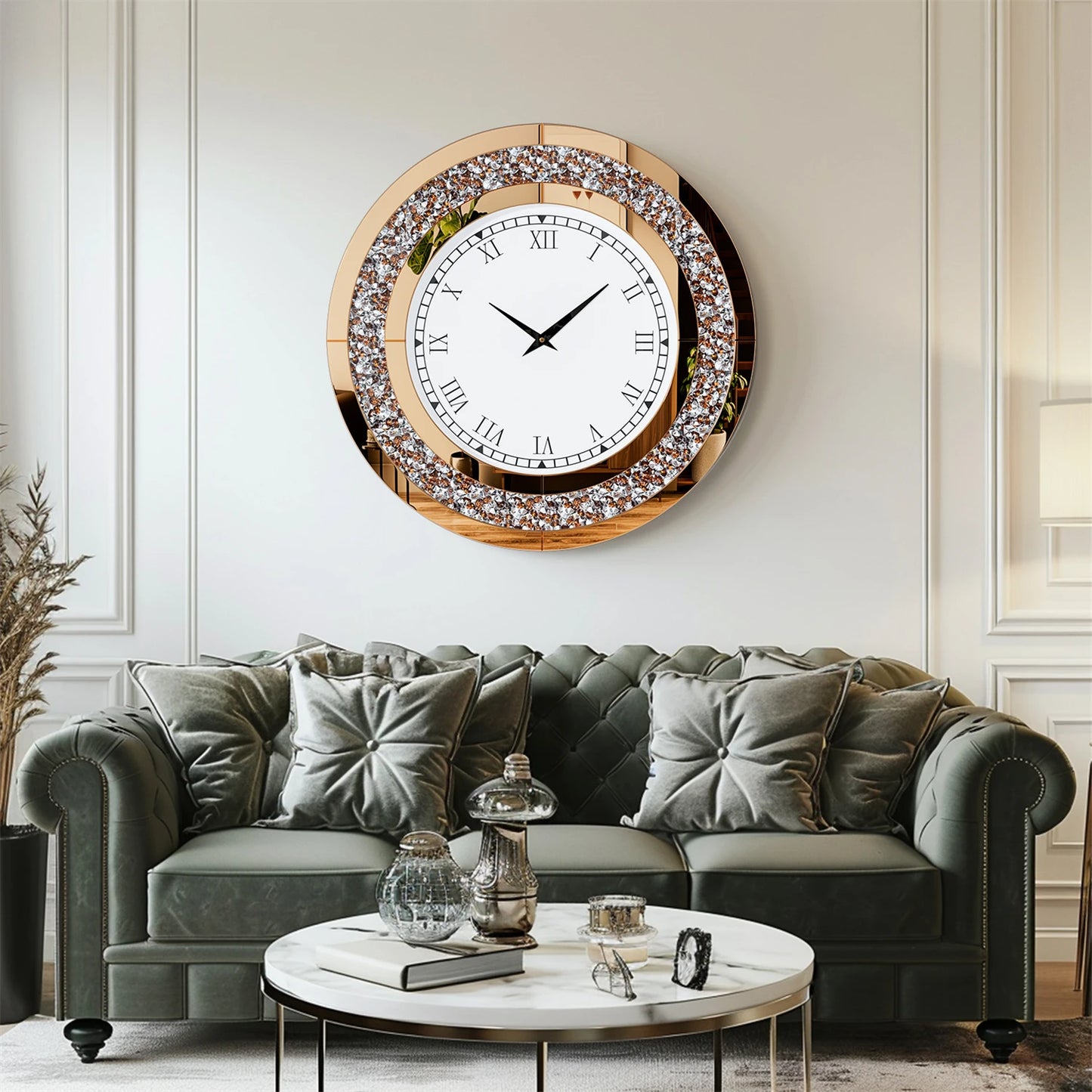 Round Mirror Clock With Crystal Sparkle For Wall Decor