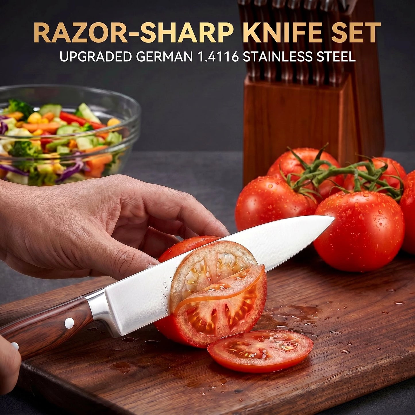 16-Piece Kitchen Knife Set With Sharpener And Wooden Block