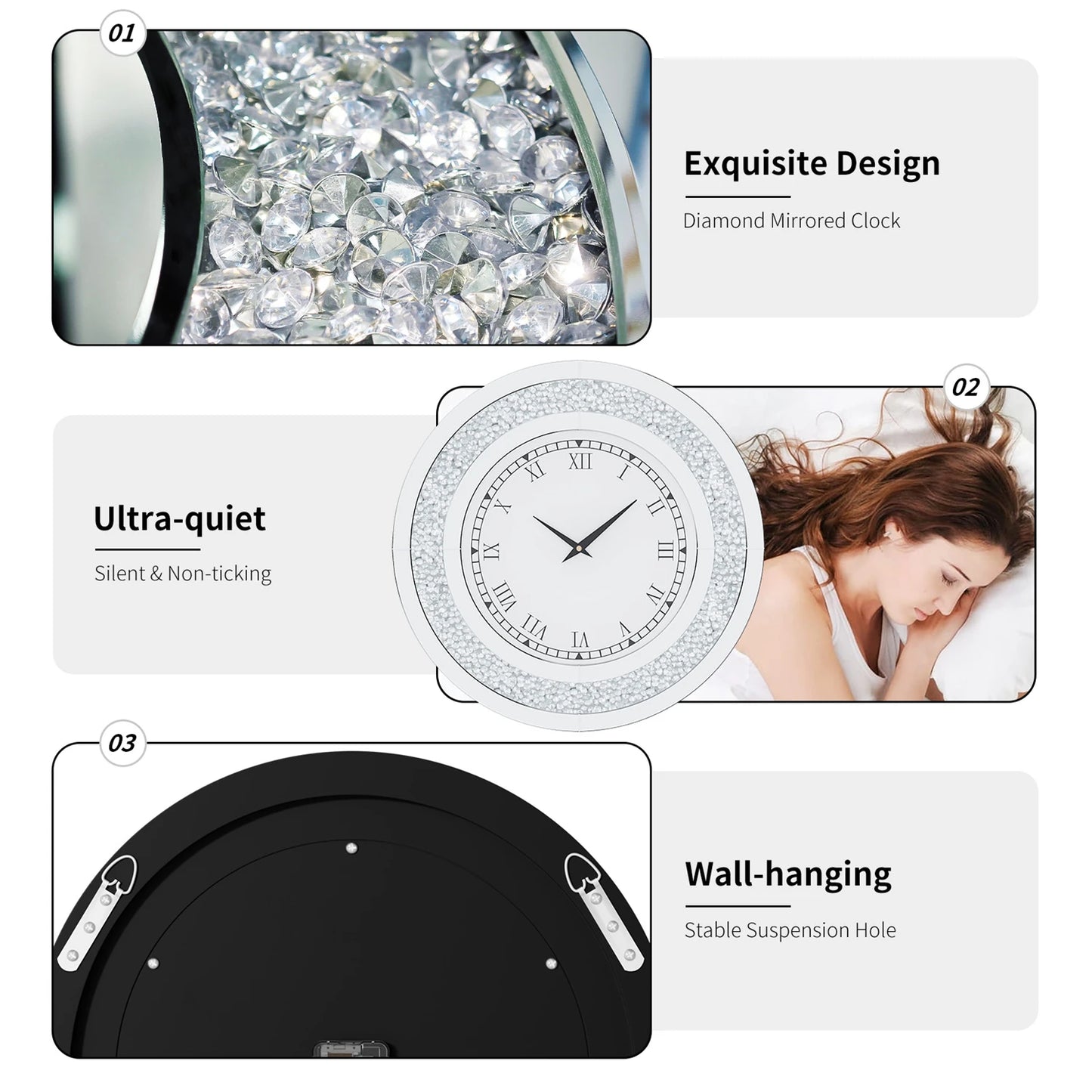 Round Mirror Clock With Crystal Sparkle For Wall Decor