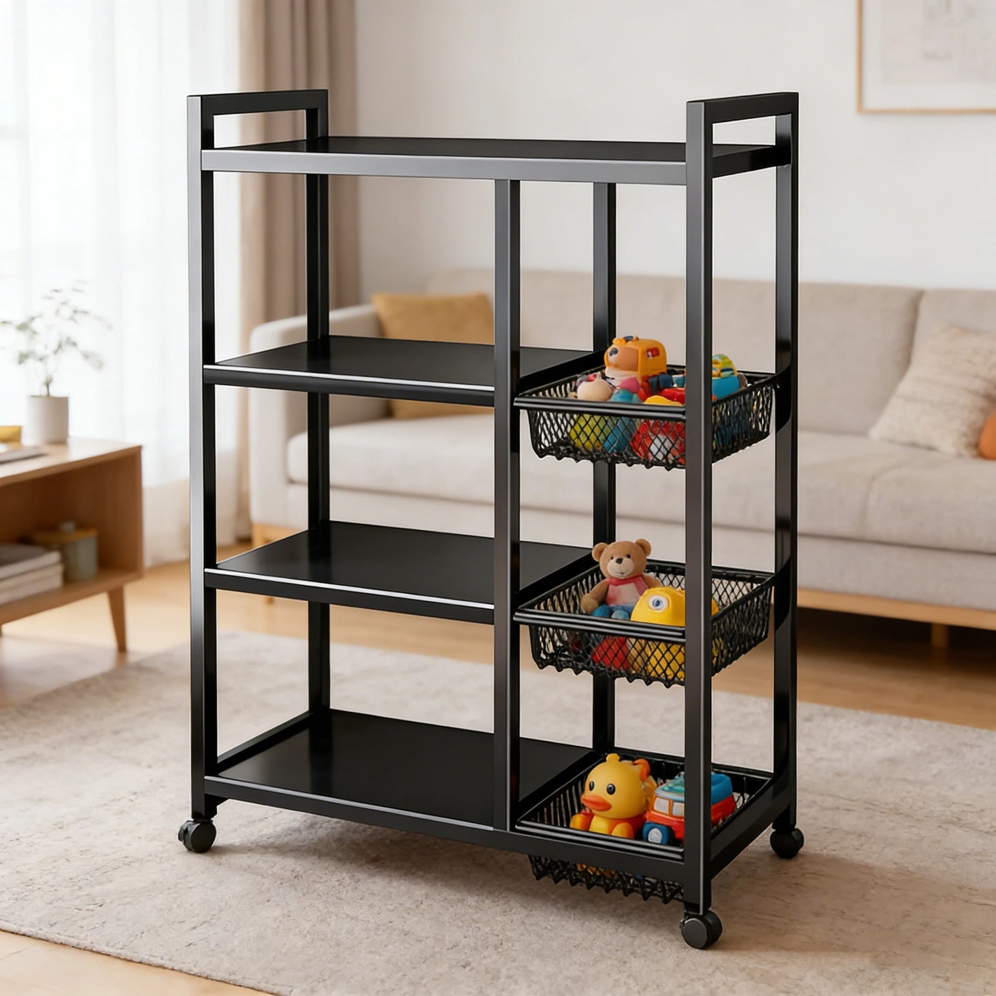 Portable Storage Rack Adjustable 4-Layer Shelf With Baskets