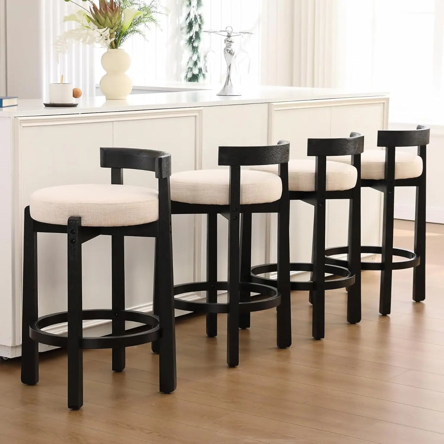 Bar Stools Set of 4 Linen Upholstered Wood Leg Stools