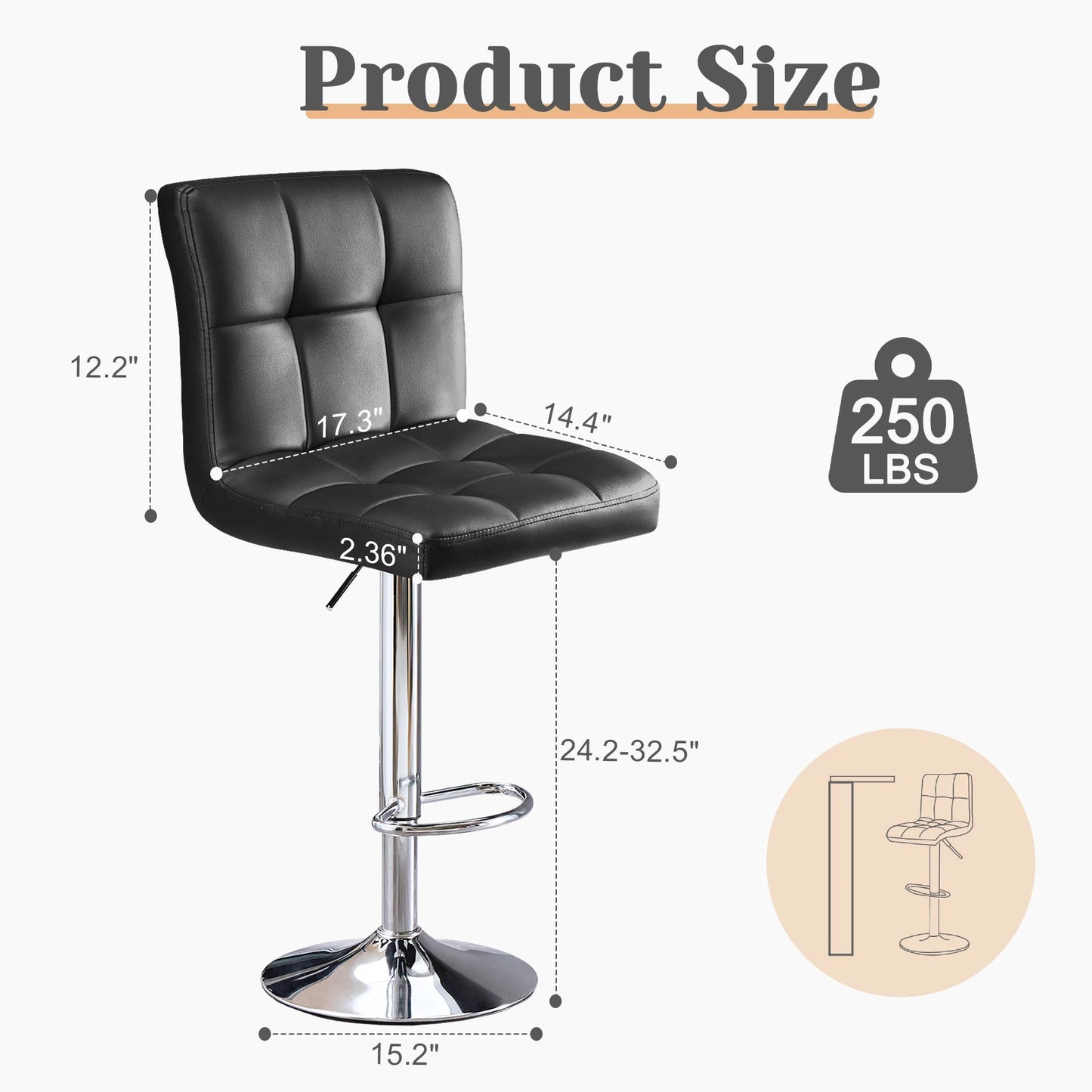 JHK PU Leather Bar Stools Set of 2 Upholstered Counter Height