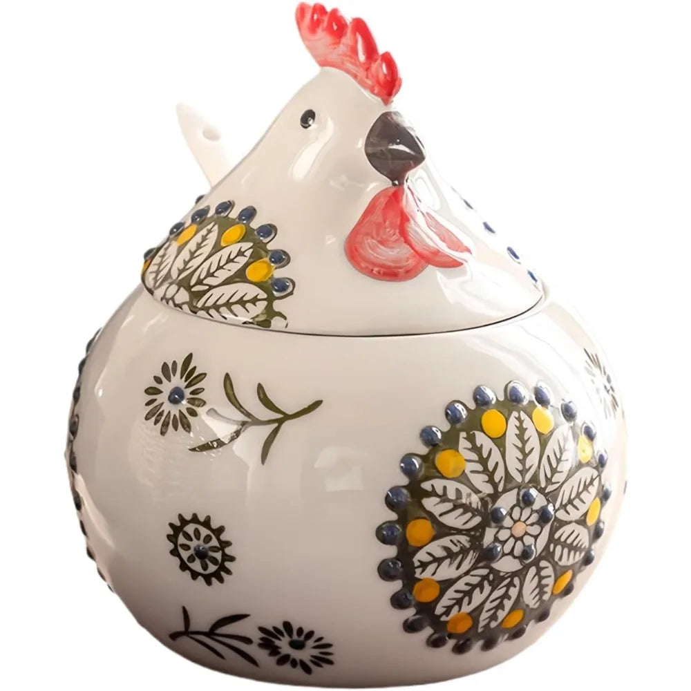 Ceramic Salt Cellar With Lid And Spoon, Floral Farmhouse Jar