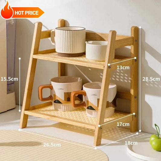 Double Tier Bamboo Countertop Cup Organizer For Kitchen And Home
