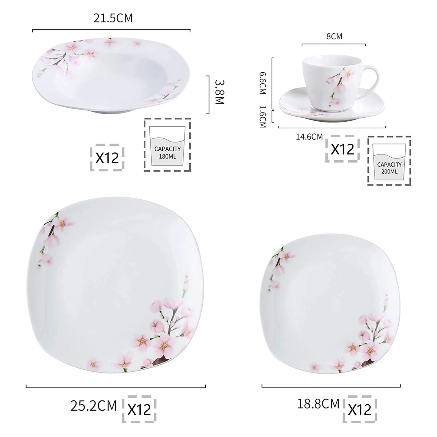 MALACASA Annie 60 Piece Porcelain Dinnerware Set For 12