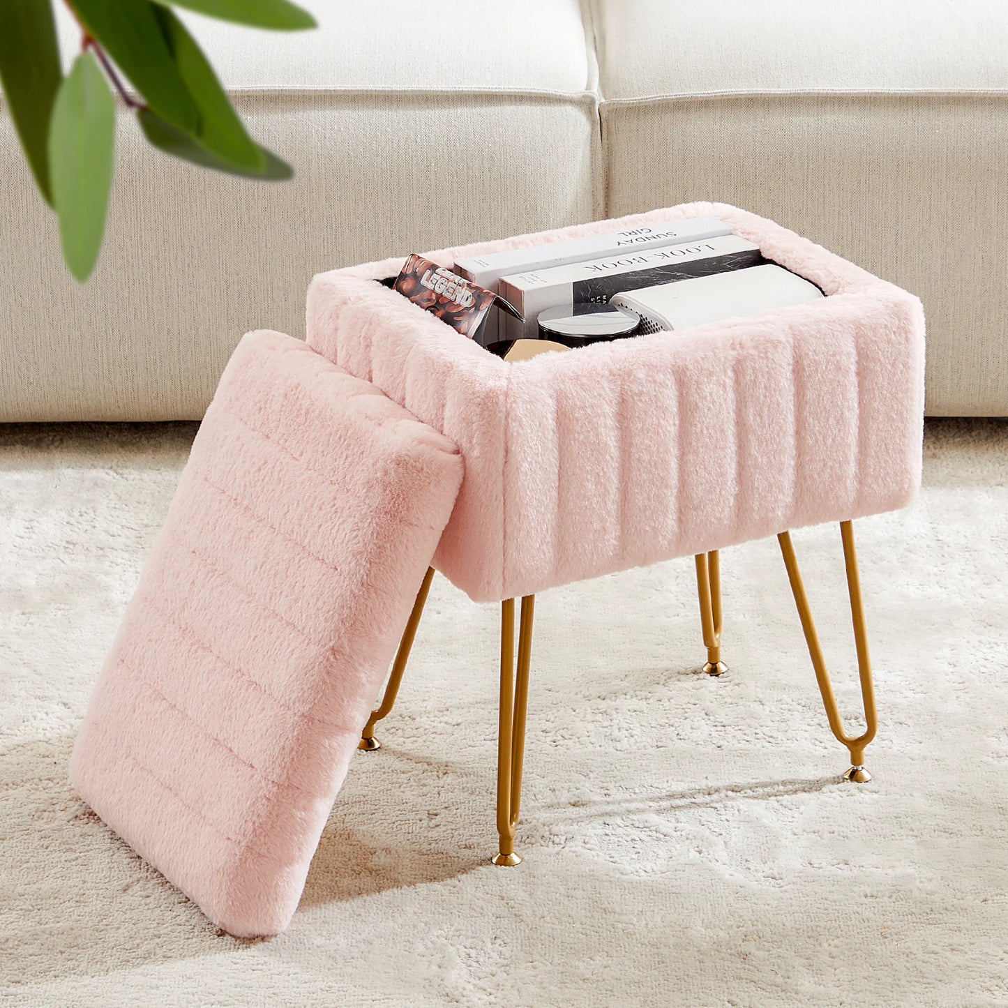 JHK Faux Fur Hidden Storage Ottoman With Padded Metal Feet