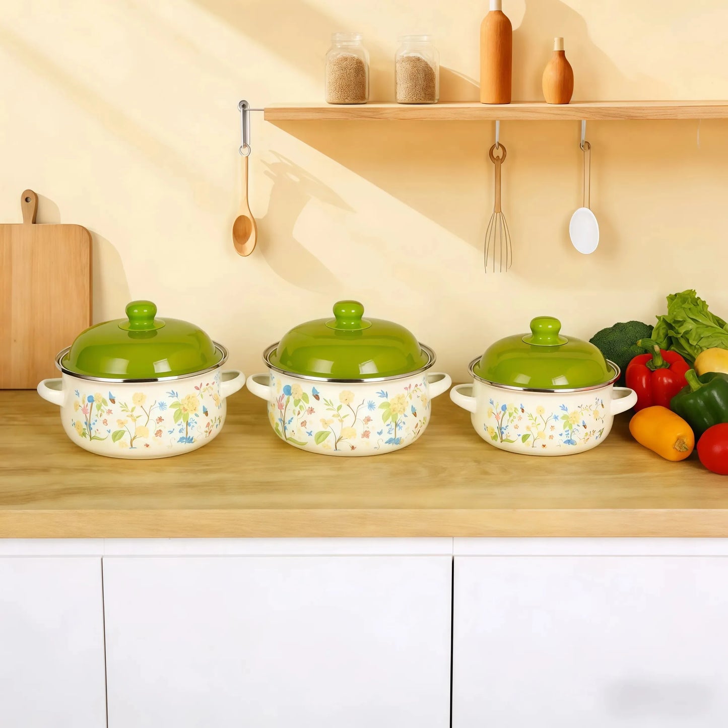 Vintage Enamel Stock Pot Set With Lids 3 Piece Cookware
