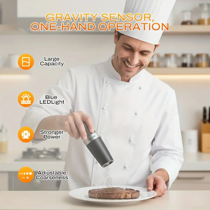 Electric Gravity-Sensing Salt And Pepper Grinder Set With LED Light