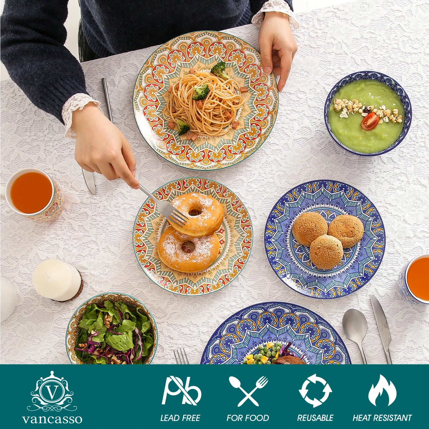 MALACASA Bohemian Mandala Pattern Porcelain Dinnerware Set 16 32 48 Pieces