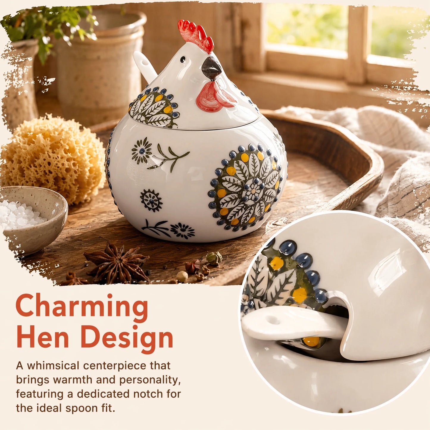 Ceramic Salt Cellar With Lid And Spoon, Floral Farmhouse Jar