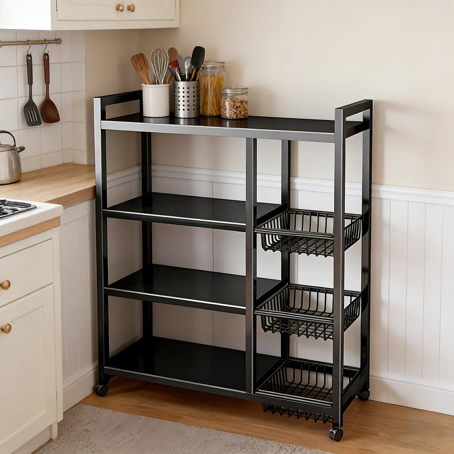 Portable Storage Rack Adjustable 4-Layer Shelf With Baskets