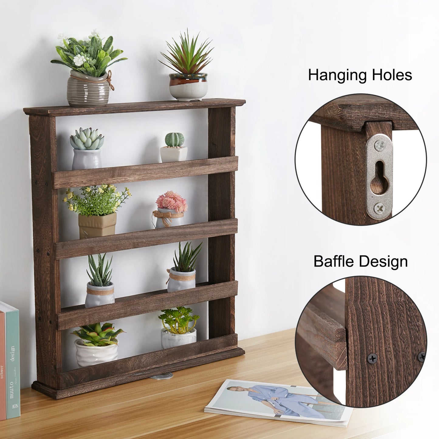 Rustic Torched Wood Wall Mounted 4 Tier Spice Rack Organizer