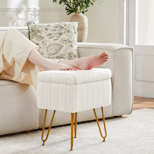 JHK Faux Fur Hidden Storage Ottoman With Padded Metal Feet