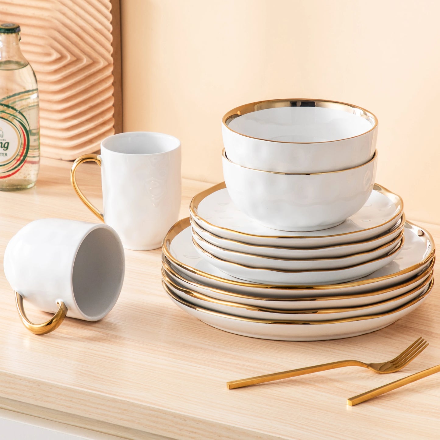 MALACASA White Handmade Dinnerware Set With Gold Trim Stoneware