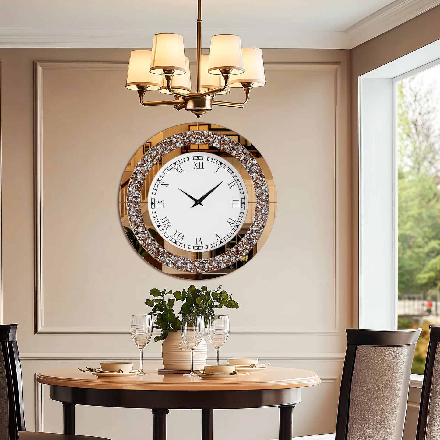 Round Mirror Clock With Crystal Sparkle For Wall Decor