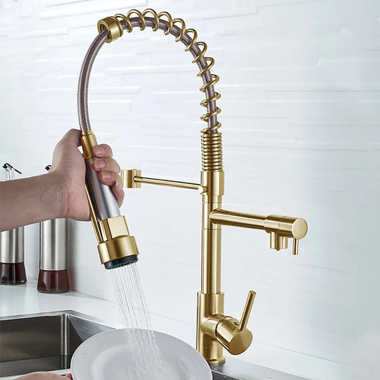 DQOK Brushed Stainless Kitchen Faucet With Dual Spout Deck Mount