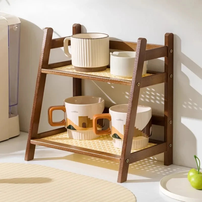 Double Layer Bamboo Countertop Multipurpose Organizer Cup Holder for Kitchen