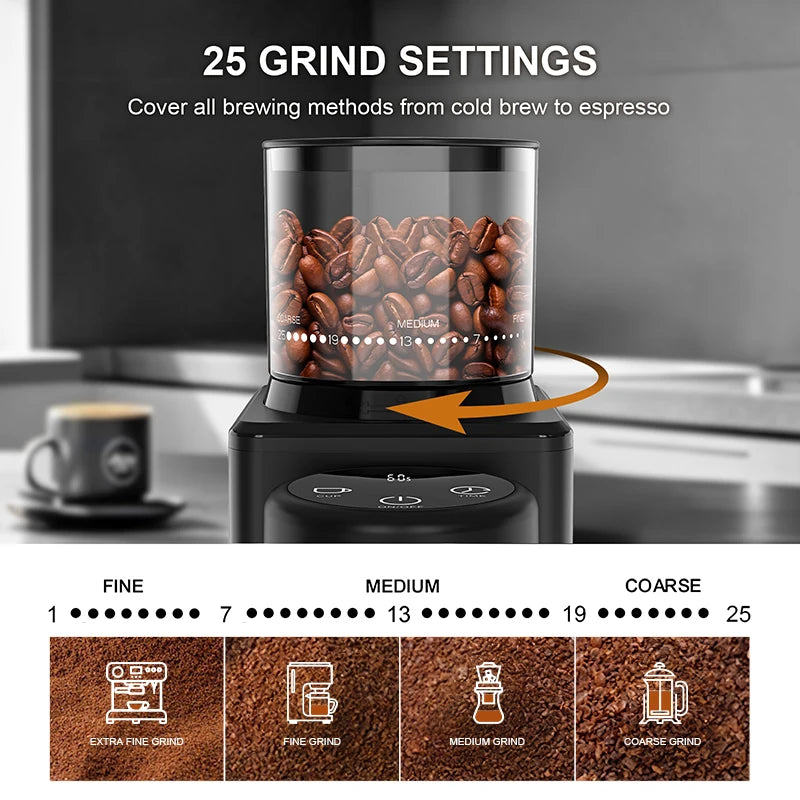 KIRAINAFLY Automatic Conical Burr Coffee Grinder With Touchscreen 25 Settings