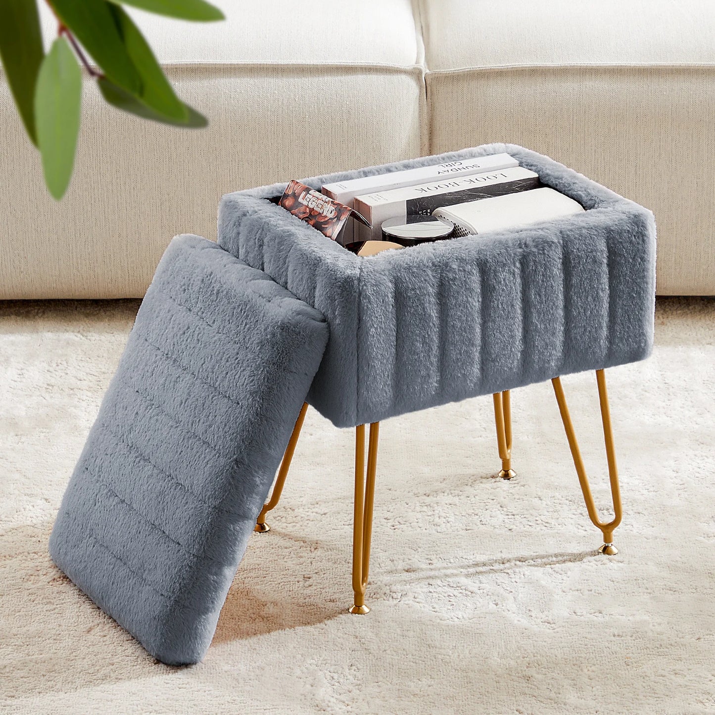 JHK Faux Fur Hidden Storage Ottoman With Padded Metal Feet