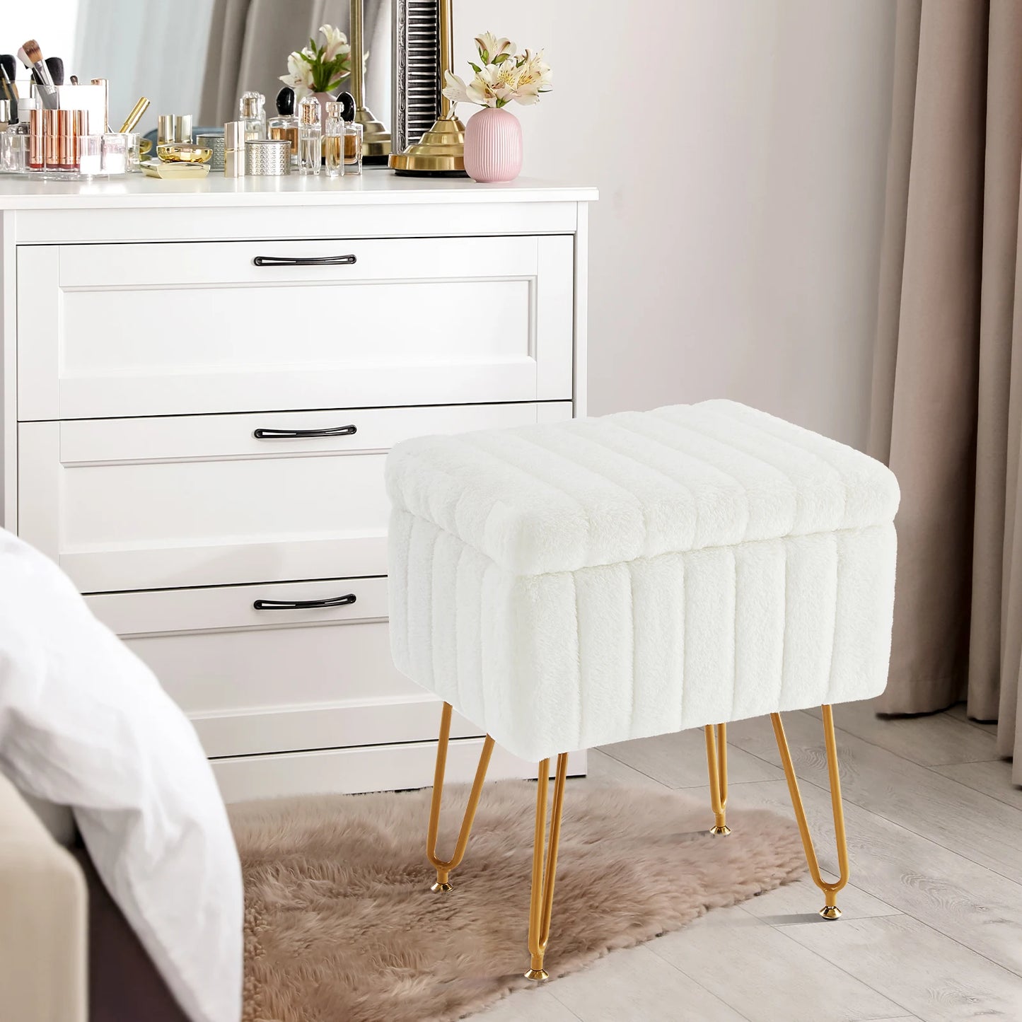 JHK Faux Fur Hidden Storage Ottoman With Padded Metal Feet