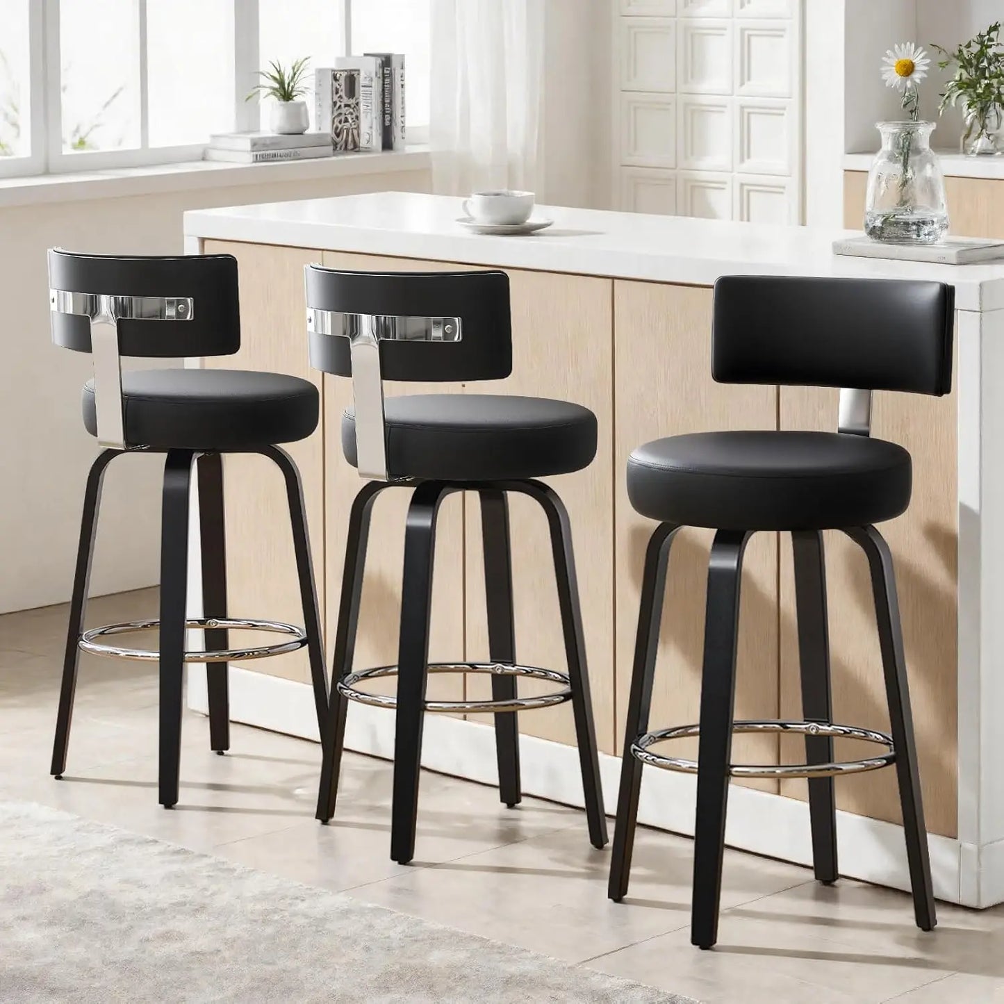 Swivel Counter Stool Set of 3 Faux Leather With Back Walnut Wood Legs