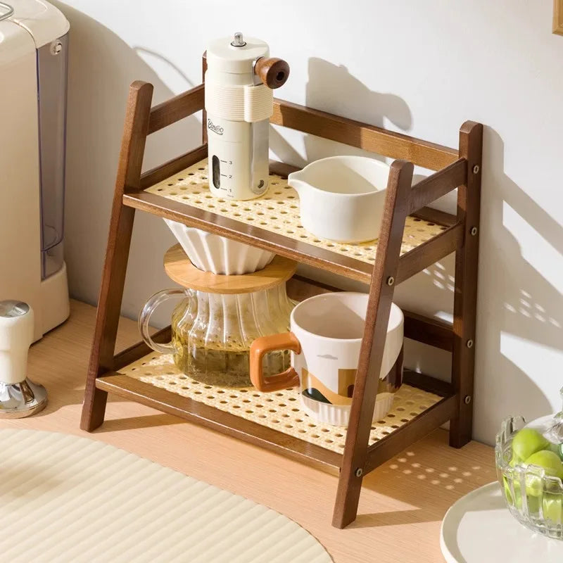 Double Layer Bamboo Countertop Multipurpose Organizer Cup Holder for Kitchen
