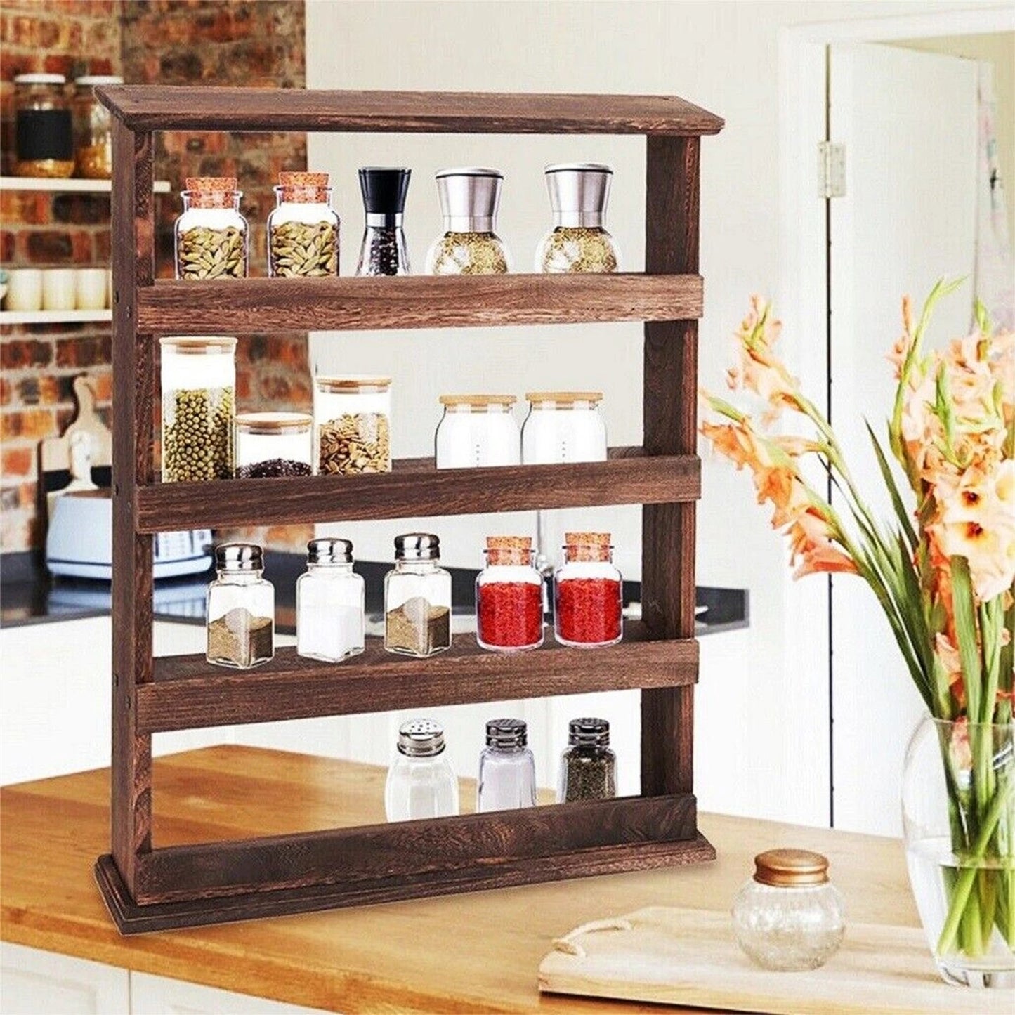 Rustic Torched Wood Wall Mounted 4 Tier Spice Rack Organizer