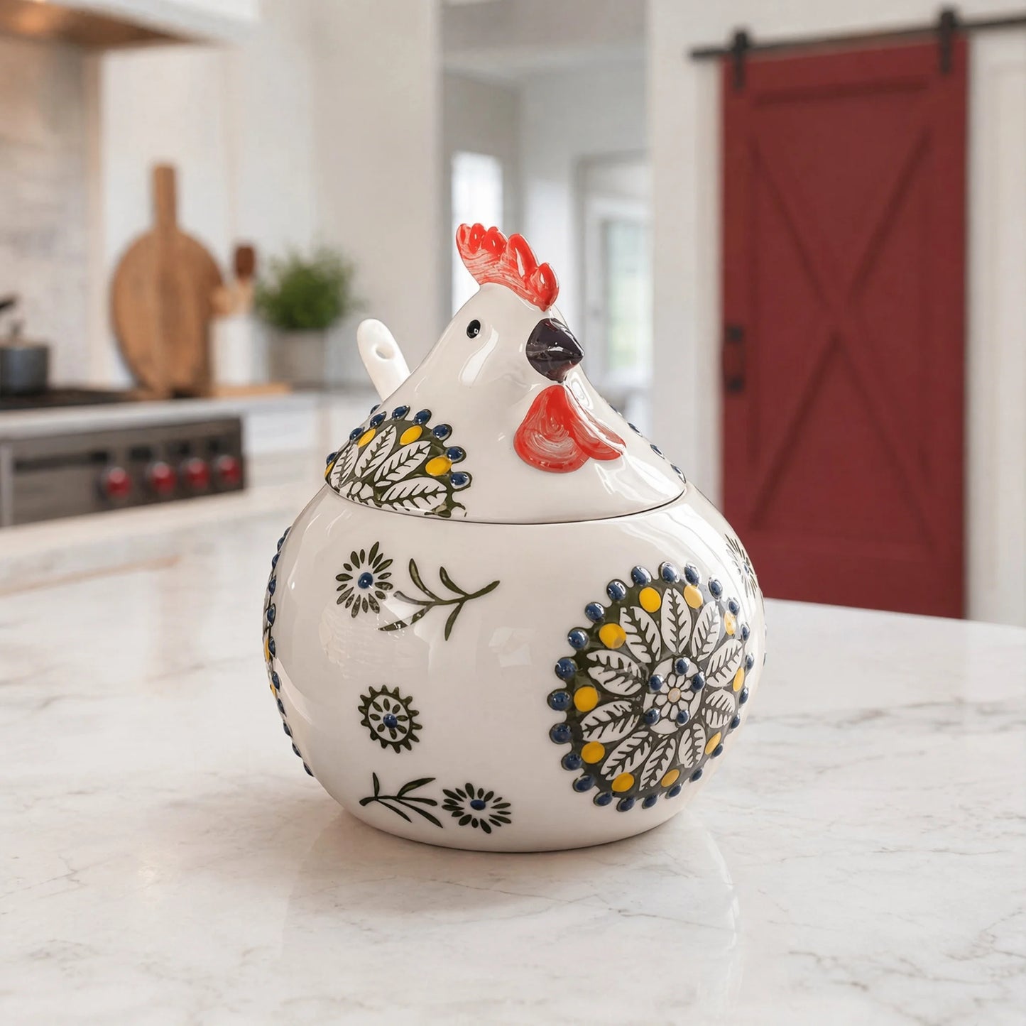 Ceramic Salt Cellar With Lid And Spoon, Floral Farmhouse Jar