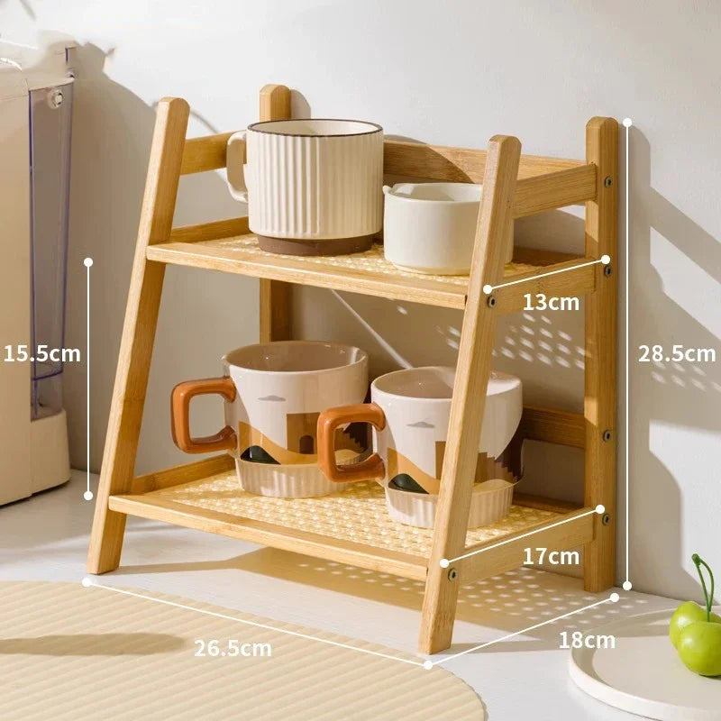 Double Layer Bamboo Countertop Multipurpose Organizer Cup Holder for Kitchen