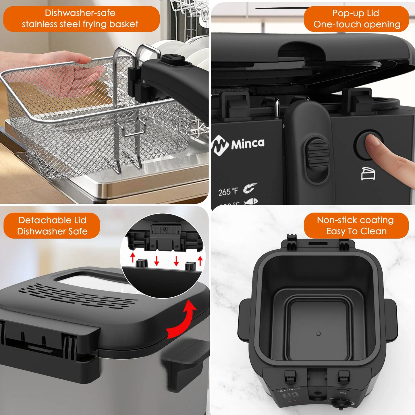 M Minca 1500W Fryer With Nonstick Temperature Control Detachable Lid Odor Filter