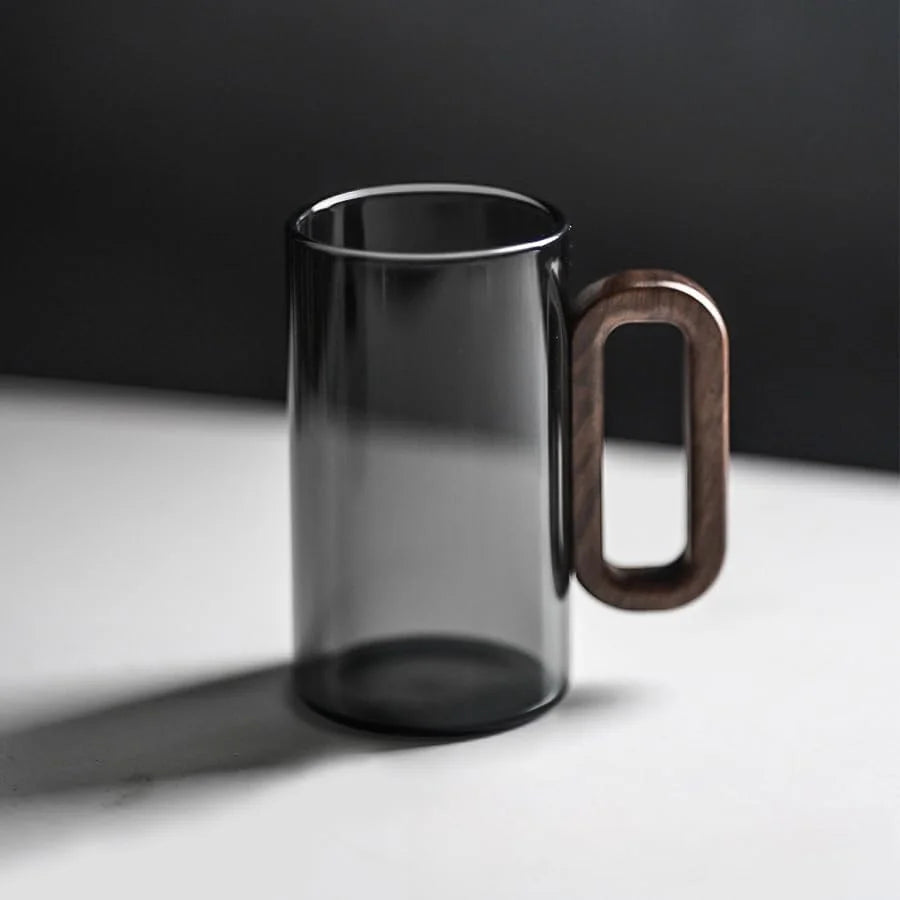 Borosilicate Glass Coffee Mug With Walnut Handle Dishwasher Safe