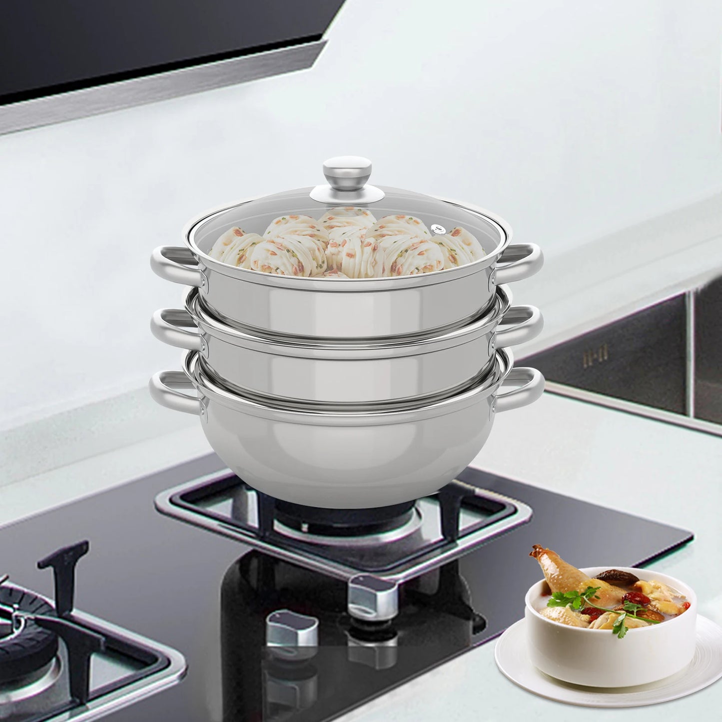 Stainless Steel 3-Tier Steamer Pot With Glass Lid Vegetables Seafood