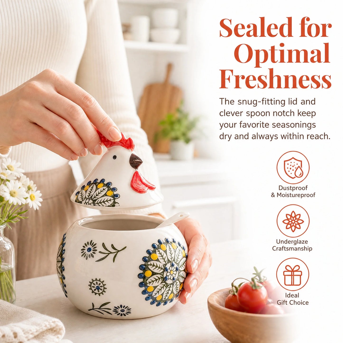 Ceramic Salt Cellar With Lid And Spoon, Floral Farmhouse Jar