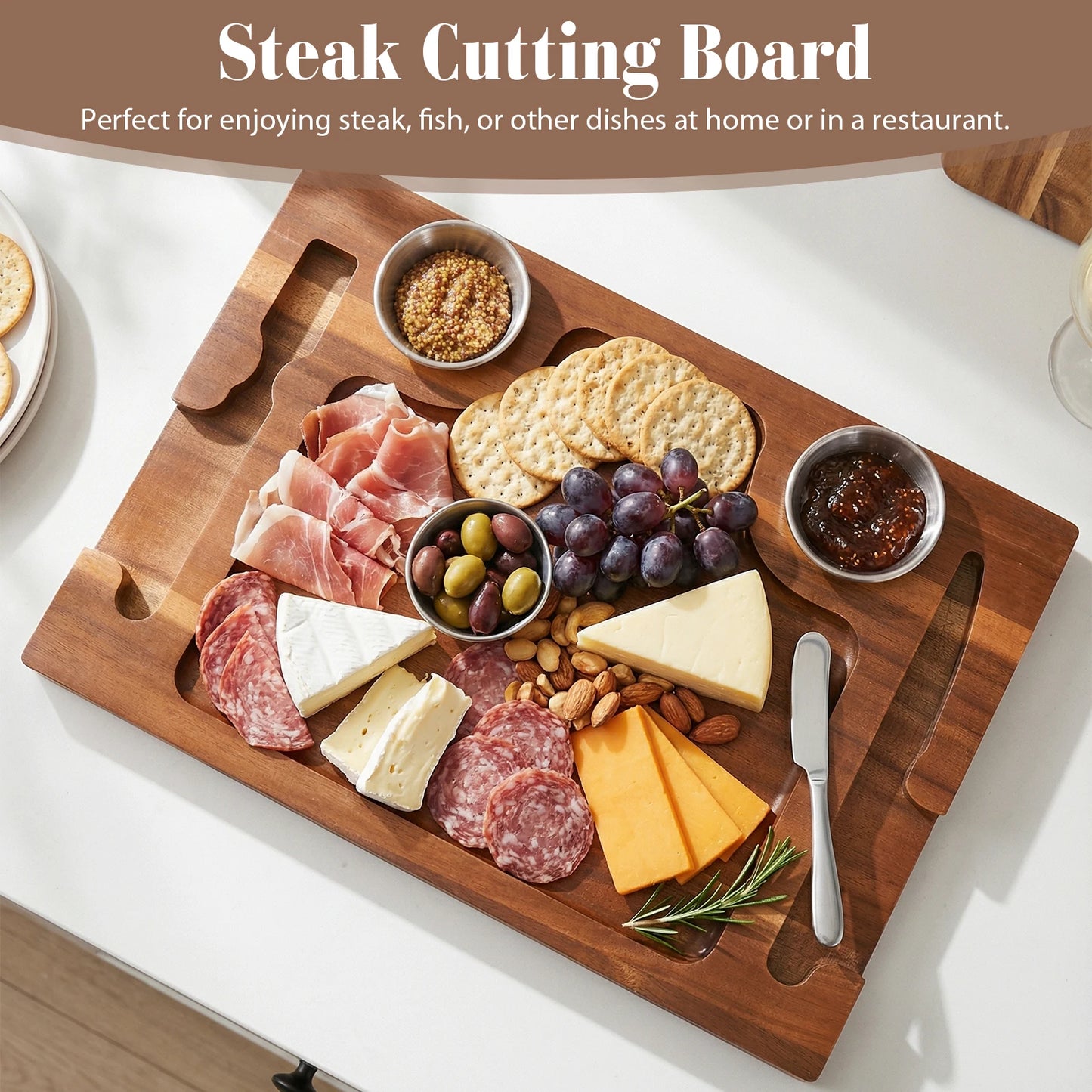 Shunmaii Acacia Wood Steak Serving Plate With Sauce Cups