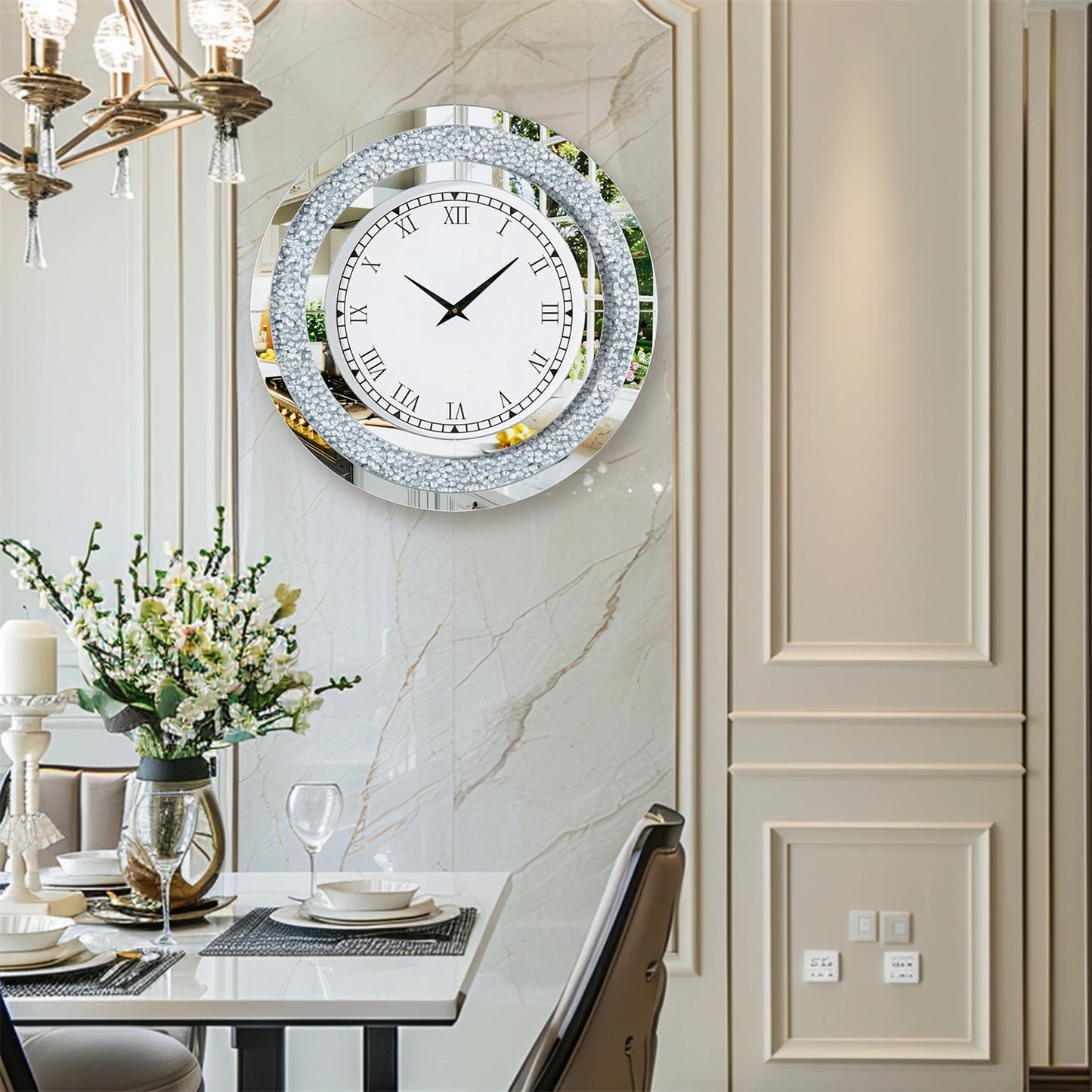 Round Mirror Clock With Crystal Sparkle For Wall Decor