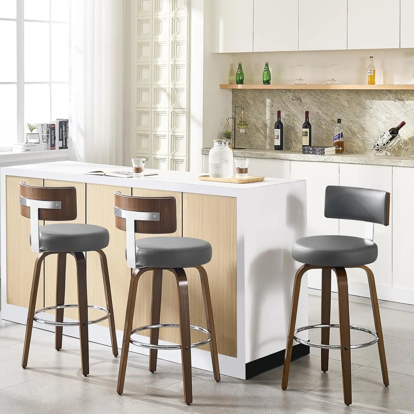 Swivel Counter Stool Set of 3 Faux Leather With Back Walnut Wood Legs