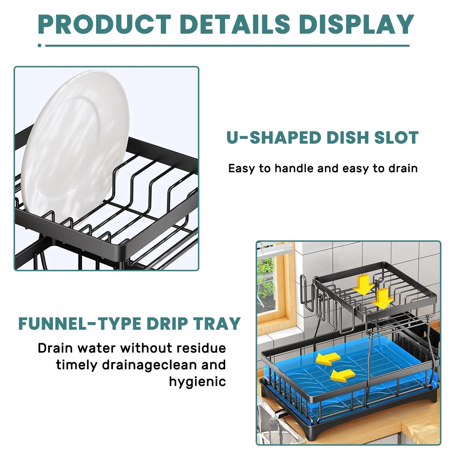 Two-Tier Dish Rack For Kitchen Countertop With Removable Draining Tray