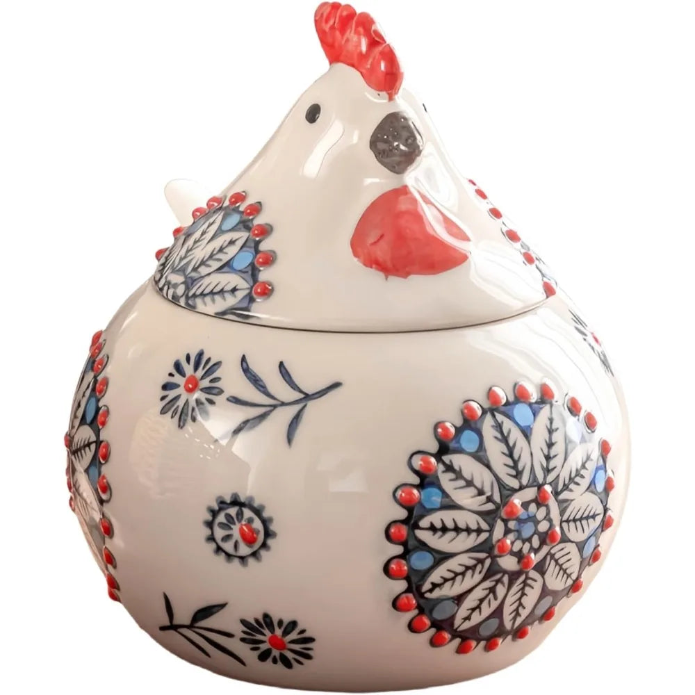 Ceramic Salt Cellar With Lid And Spoon, Floral Farmhouse Jar