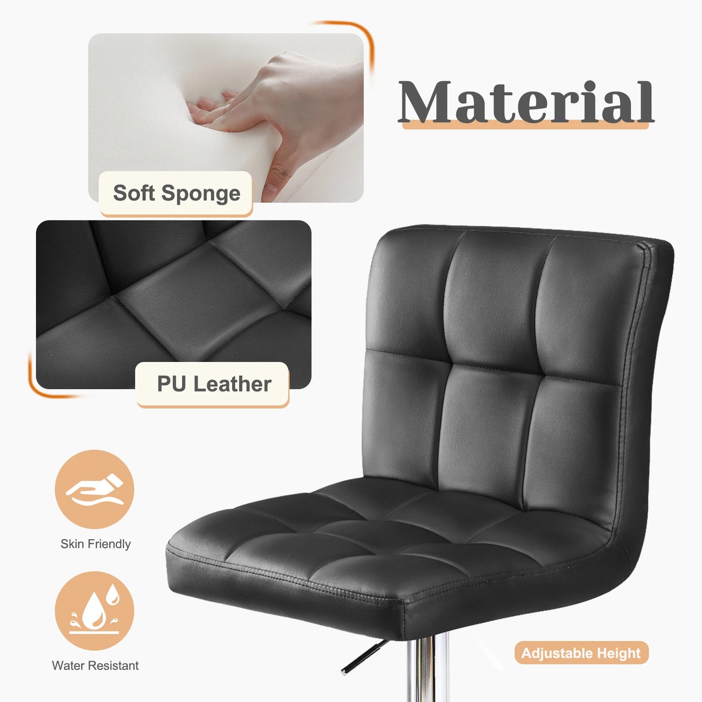 JHK PU Leather Bar Stools Set of 2 Upholstered Counter Height