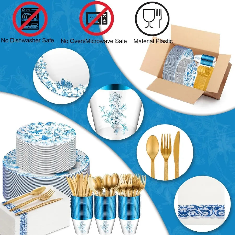 Floral Plastic Disposable Plates Set For 25 Guests Dessert Tray