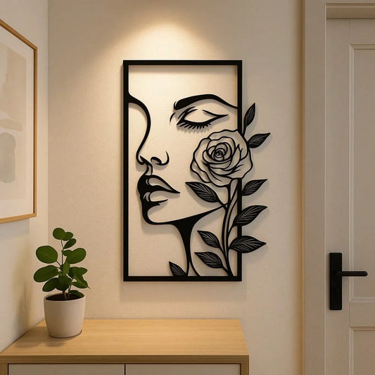 Metal Wall Art Woman Flower Portrait Outline Decor