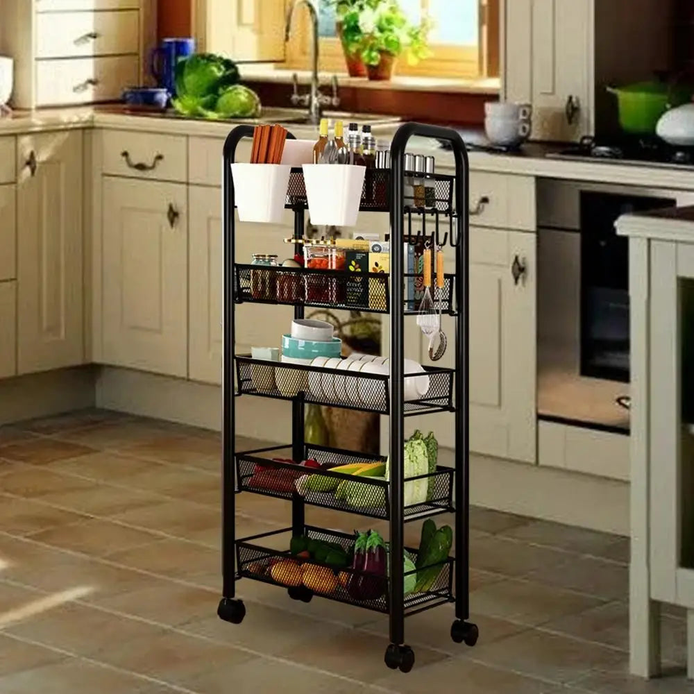 Fruit And Vegetable Storage Basket 5 Tier Stackable Metal Mesh On Wheels