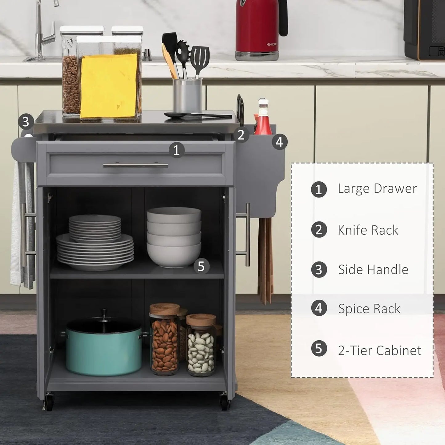 Kitchen Island Cart With Rolling Stainless Steel Top Drawer Storage
