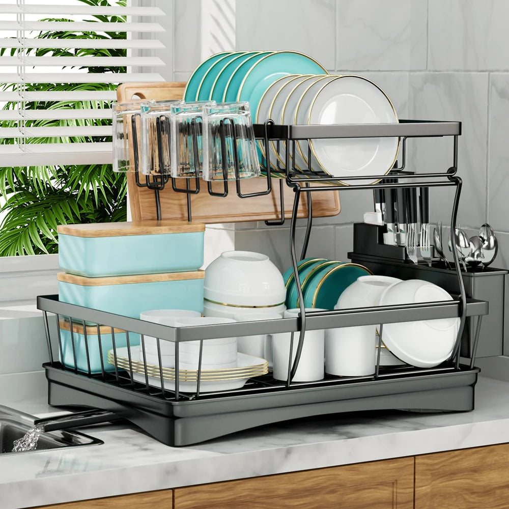 Two-Tier Dish Rack For Kitchen Countertop With Removable Draining Tray